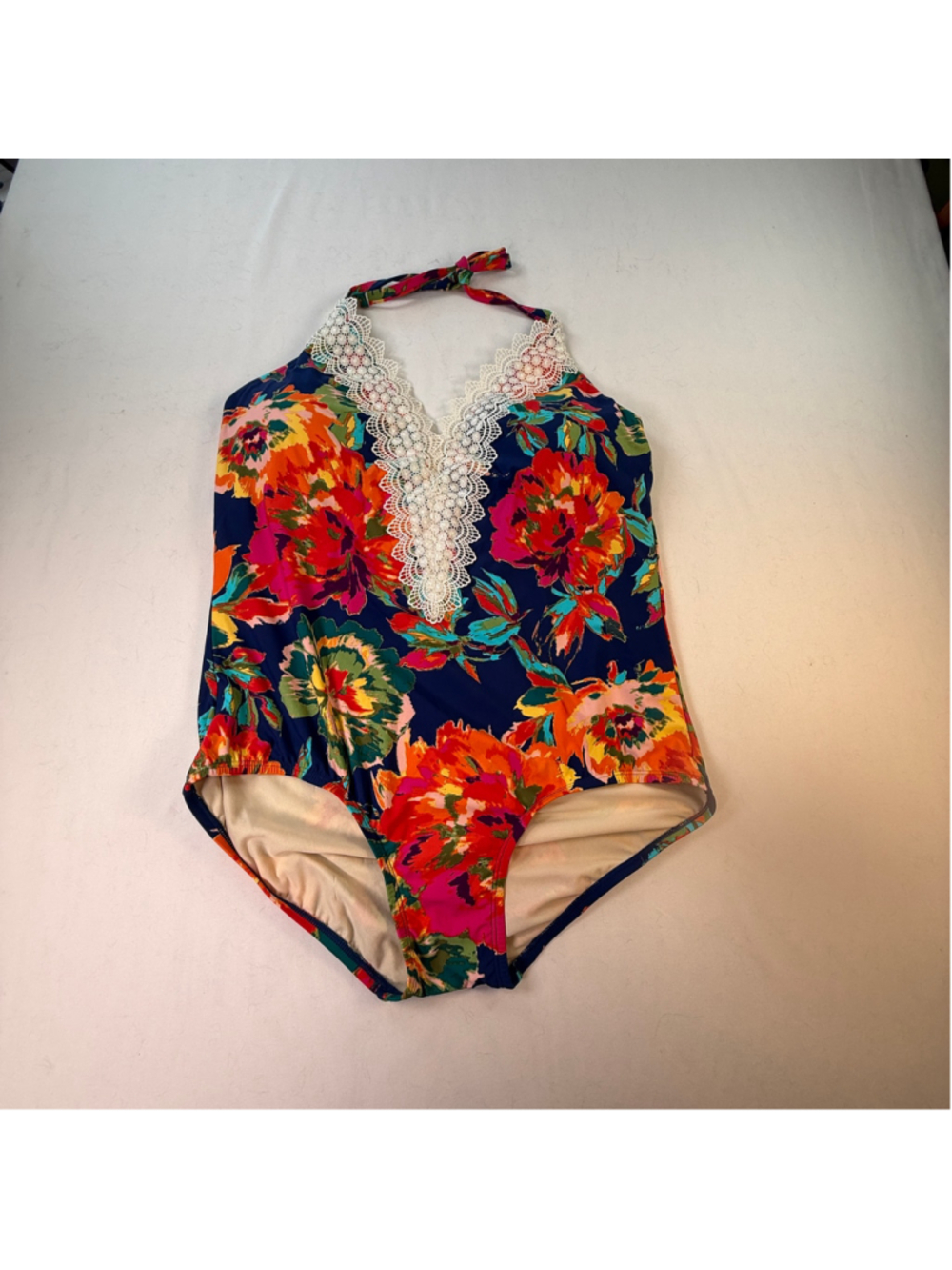 Sea Angel Floral One Piece Swimsuit Plus Size 2X Halter Lace Trim Tummy Control
